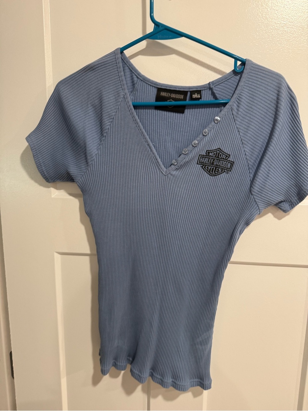 Harley-Davidson Women's Light Blue Ribbed V-Neck Tee with Logo Buttons